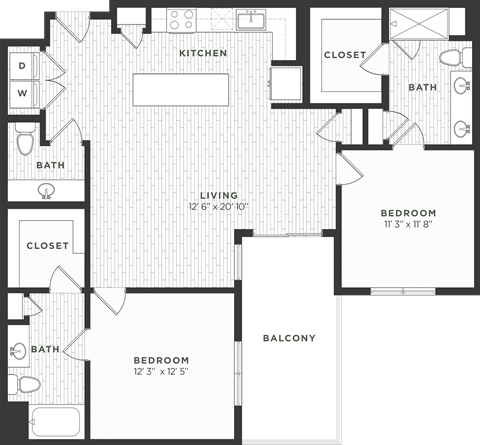 Floor plan for 2 beds, 2.5 baths, 1236 sqft